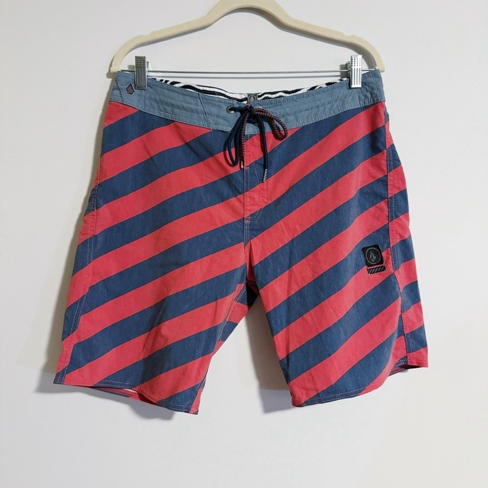 Volcom - Blue and Red Diagonal Stripe Board Shorts